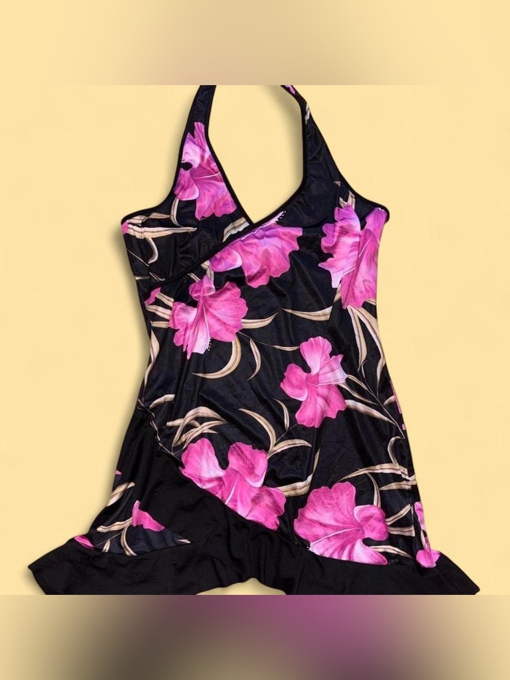 Black Halter Dress with Pink Hibiscus Flower Details